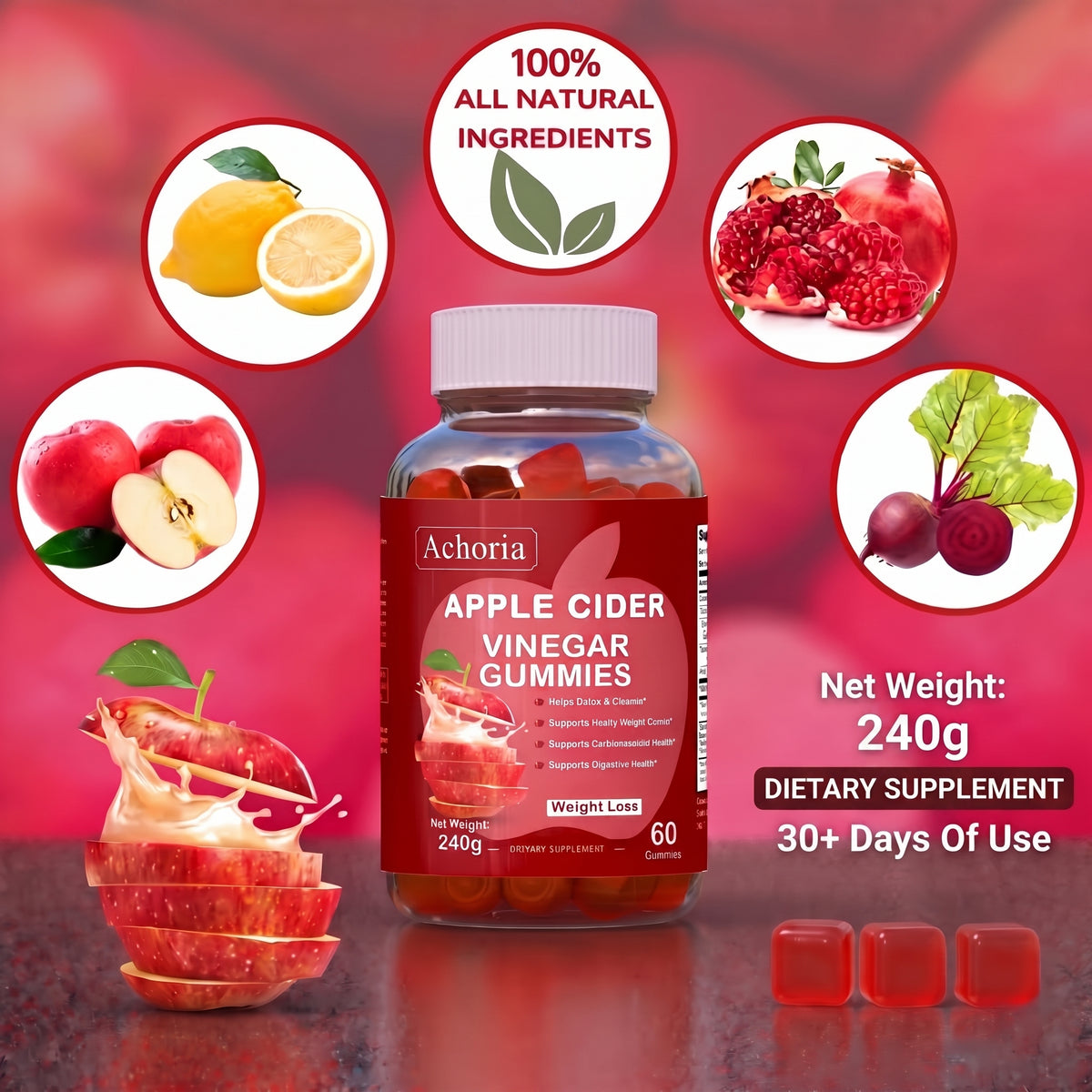Achoria Apple Cider Vinegar Gummies – 60 Gummies, 240 g